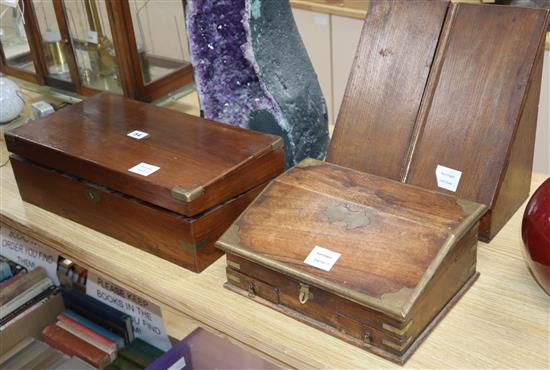 A Victorian oak stationery box, a brass bound hardwood box and a Victorian brass bound walnut writing slope (3)